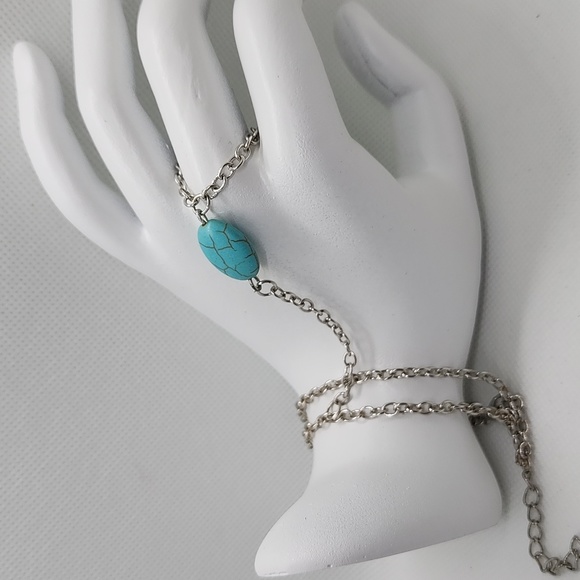 Boho Retro Celebrity Turquoise Slave Chain Ring Bracelet Hand Harness - Picture 7 of 8